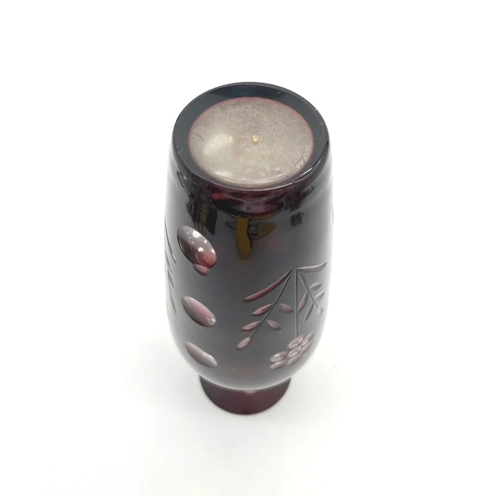 Vintage Bohemian Ruby Red Cut to Clear‎ Floral Glass Vase 7 Inch Cranberry